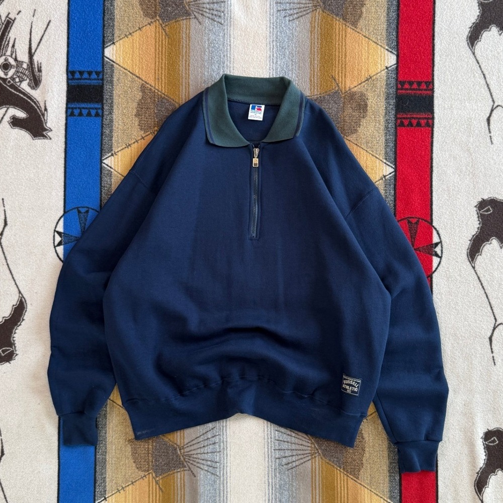 Vintage Russell Athletic Quarter Zip Sweatshirt Navy Blue Made in USA Mens XL